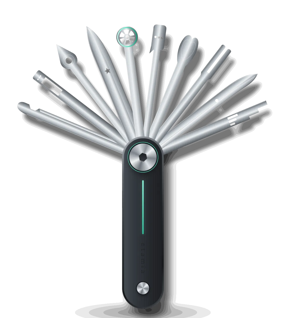 The Etamia pocket multi-tool, fully open, with 10 blades fanned out. Each blade has a small icon for one tool.